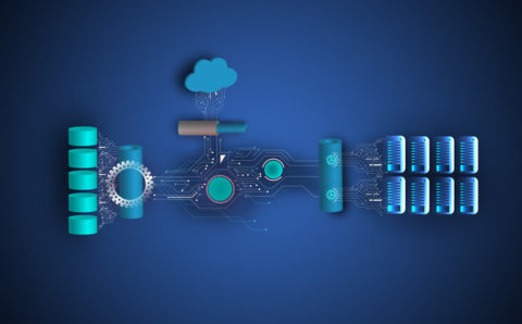 Concept of cloud and on-premise application integration, connecting database, application and web server cluster